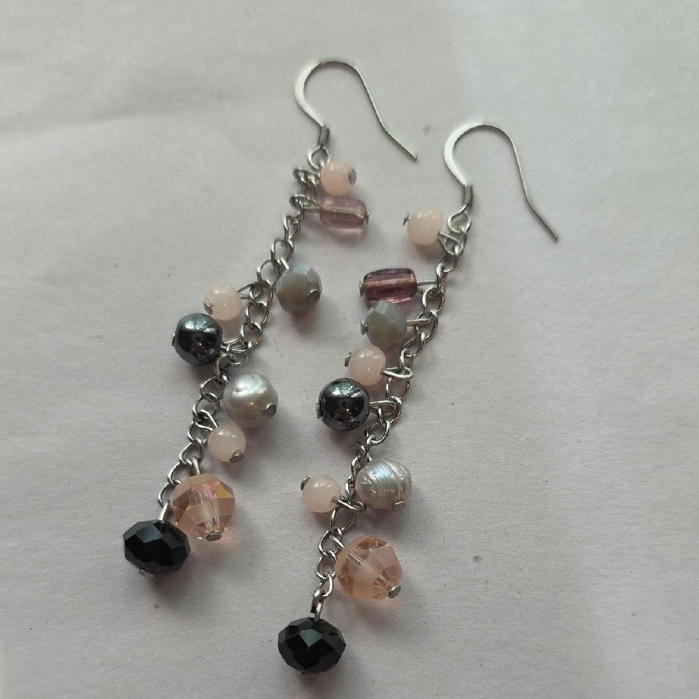 Handmade Earrings Black And Pink Beaded